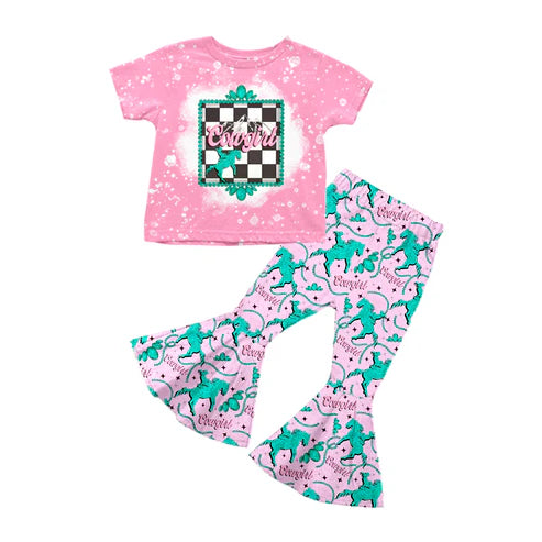 5.23 GSPO1719 Baby Girls Western Cowgirl Horse Tops Bell Pants Clothes Sets Preorder