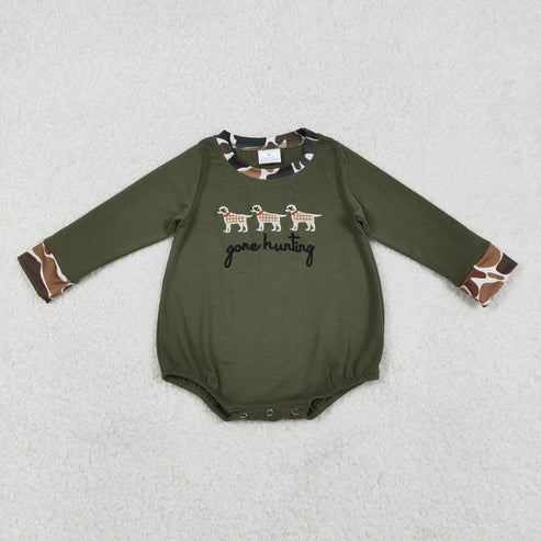 12.19 LR2836 Embroidery Gone Hunting Dogs Baby Boys Olive Romper