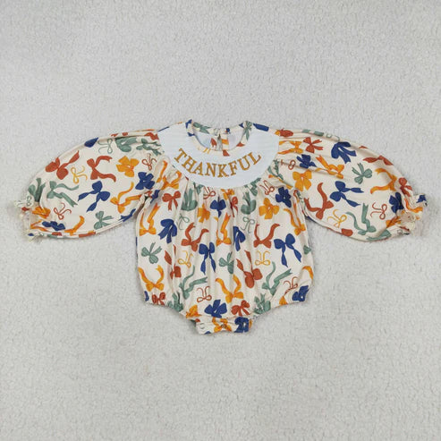 8.13 LR2257 Baby Girls Long Sleeves Smocked Thankful Colorful Bows Ruffle Romper