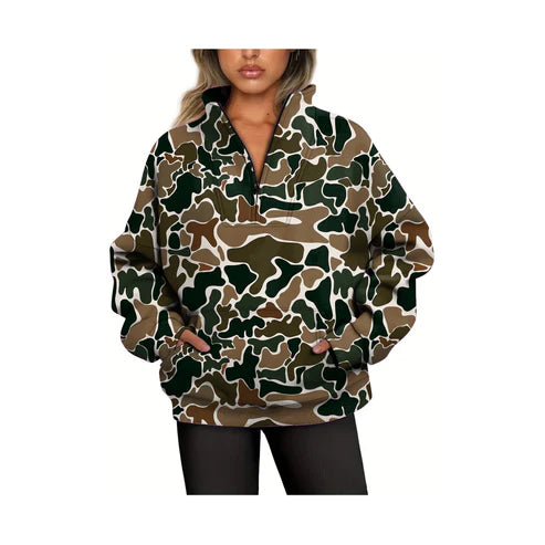 6.4 GT0829 Adult Women Dark Brown Camo Long Sleeve Tee Shirts Zip Pullovers Tops Preorder