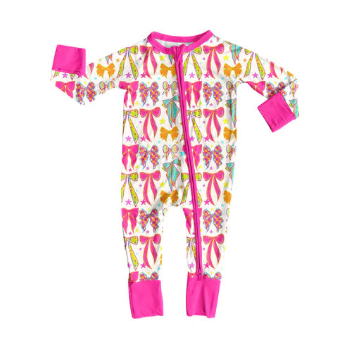 7.26 LR2468 Baby Girls Long Sleeves Colorful Bows Stars Zipper Pant Rompers Preorder