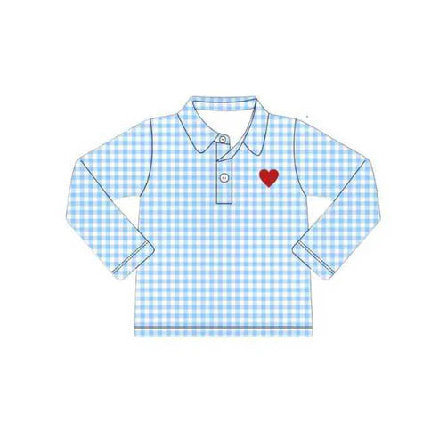 9.30 BT1386 Baby Boys Blue Checked Valentine Hearts Button Polo Shirts Top Preorder