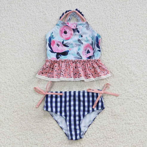 S0158 Floral Lace Lace Blue Plaid Swimsuit Set