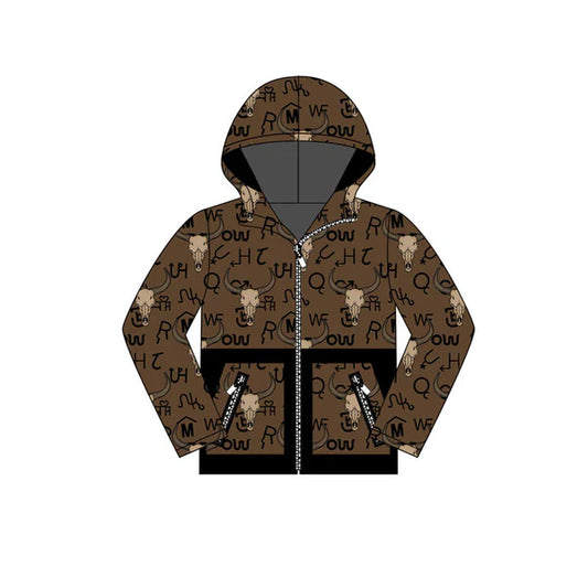 8.27 BT1337 Baby Boys Brown Bull Skulls Pocket Zipper Western Hoodies Top Preorder