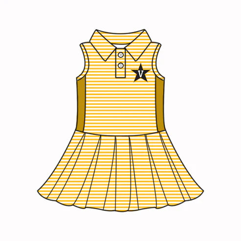 6.21 Custom Moq 3 Baby Girls Sleeveless Yellow Stripe Button Star V Team Knee Length Dresses