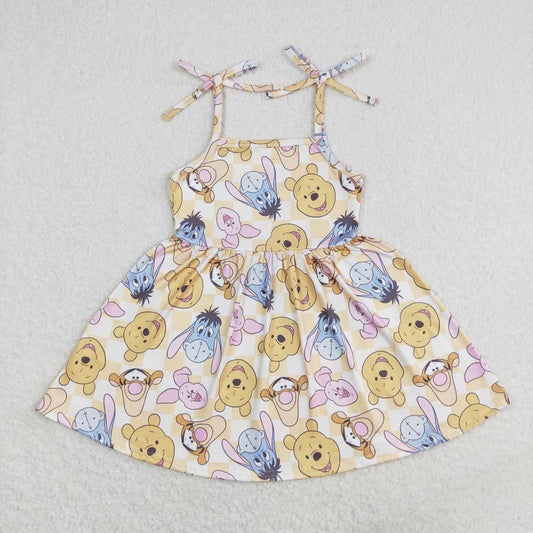 6.2 RTS no moq GSD1019 Winnie the Pooh cartoon orange and white plaid suspender dress