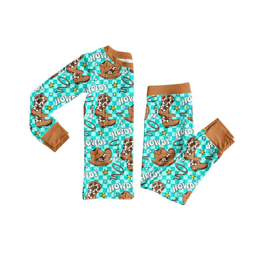 8.2 BLP1207 Baby Boys Howdy Hats Plaid Top Pants Western Pajamas Set Preorder