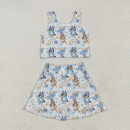 5.9 GSD2469 Baby Girls Sleeveless Cartoon Dogs Rainbows Top Skort Yoga Set