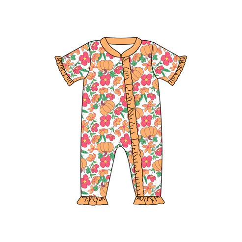 6.18 SR3096 Baby Infant Girls Short Ruffle Sleeves Flowers Pumpkins Zipper Rompers Preorder