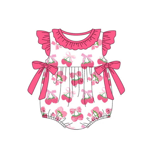 4.18 SR3059 Baby Girls Pink Flutter Sleeves Bows Strawberry Ruffle Rompers Preorder