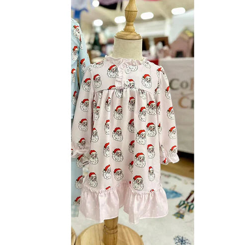 6.5 GLD1109 Baby Girls Long Ruffle Sleeves Pink Santa Plaid Button Knee Length Dresses Preorder