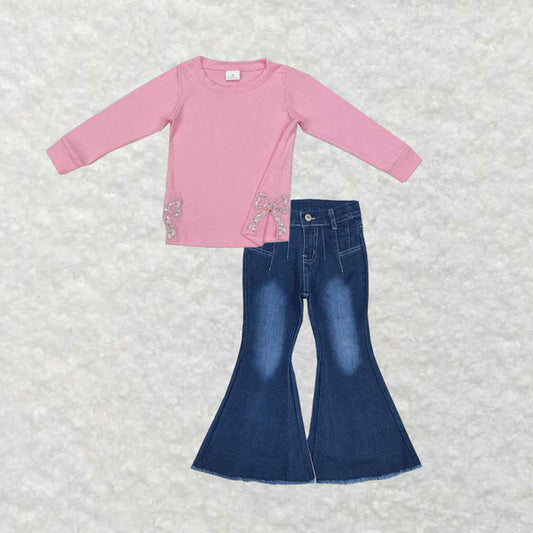 3.18 GT0872+P0457 Baby Girls Pink Bows Side Embroidery Tee Top Bell Flare Denim Jeans Clothes Set