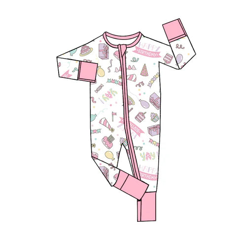 LR2166 Baby Infant Girls Pink Happy Birthday Zip Rompers preorder