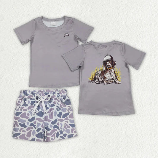 L-3.6 BT1149+SS0140 Baby Boys Grey Dogs Hunting Shirt Camouflage Shorts Clothes Set