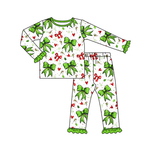 7.25 GLP2628 Baby Girls Long Ruffle Sleeves Green Red Bows Hearts Top Pant Pajamas Set Preorder
