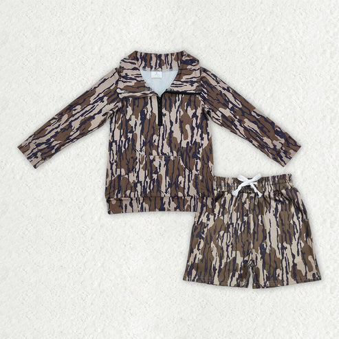 12.19 BT1035+SS0731 Baby Boys Southern Olive Camo Zipper Pockets Top Shorts Hunting Clothes Set