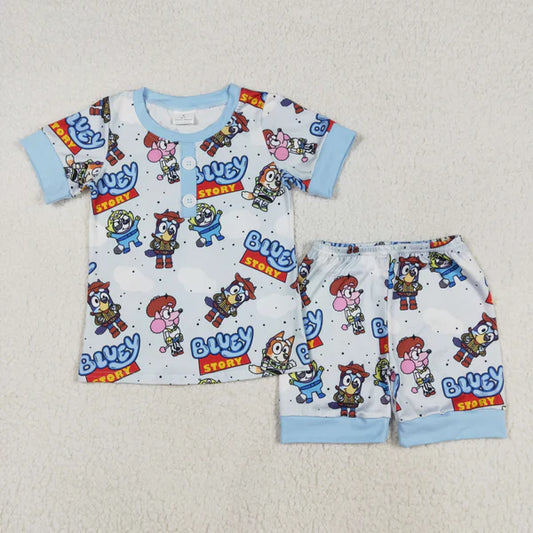 L-3.6 BSSO1240 Baby Boys Blue Shirts Cartoon Dogs Shorts Pajamas Clothes Set