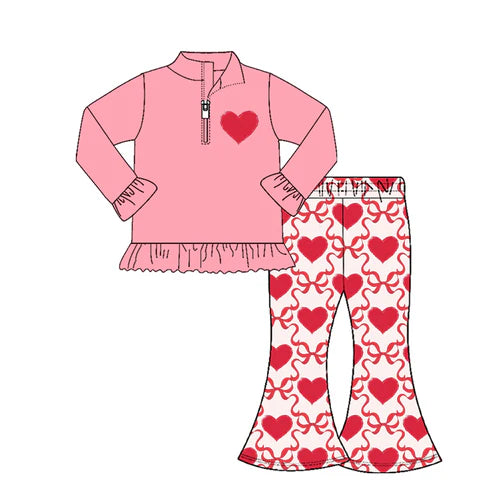 10.6 GLP2935 Baby Girls Pink Hearts Zipper Pullovers Checked Bell Bottom Pants Valentine Clothes Set Preorder