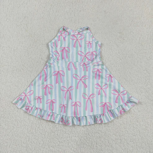 4.25 GSD2297 Baby Girls Strap Green Bow Stripe Pink Bows Yoga Ruffle Knee Length Dress