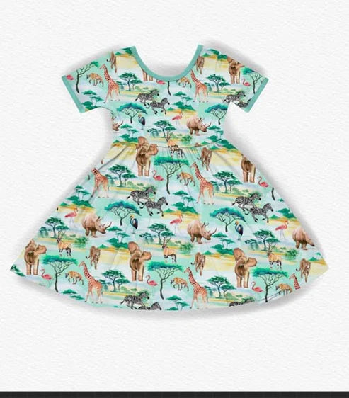 10.30 GSD2969 Baby Girls Short Sleeve Forest Animals Knee length Dresses Preorder