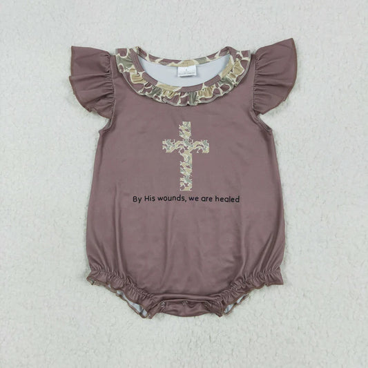 L-3.8 SR2310 Baby Infant Girls Easter Camo Cross Flutter Sleeve Romper