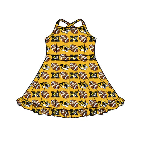 8.30 Custom MOQ 5 Baby Girls Strap Football Ruffle Shorts Tigers Team Knee Length Dress