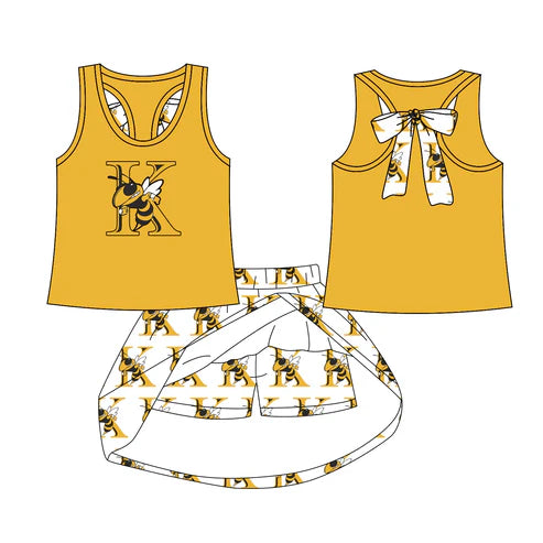 8.1 Custom Moq 5 Baby Girls K Honey Bee bow vest team Top Skirt Skort Sets