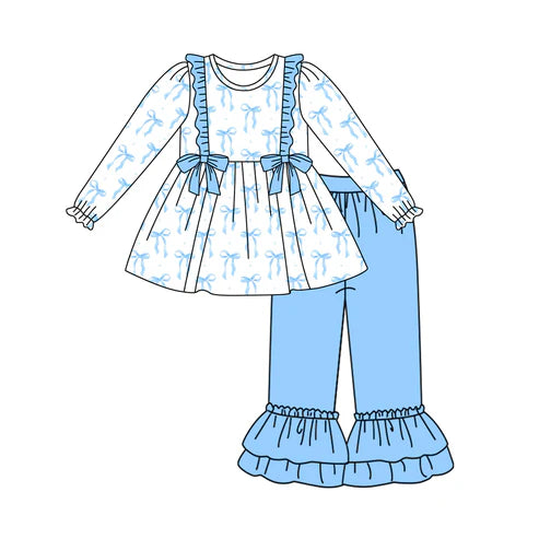 6.4 GLP2109 Baby Girls Blue Bows Tunic Ruffle Pants Clothes Sets Preorder