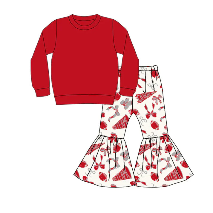 9.5 Custom Moq 5 Baby Girls Red Top Team Cheer Go Fight With Flag Bows Bell Bottom Pants Sets
