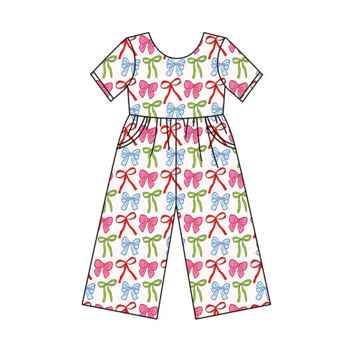 6.6 SR3145 Baby Girls Short Sleeves Pink Blue Green Bows Plaid Pockets Pant Jumpsuits Preorder