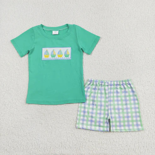 BSSO0887 Embroidered sailing teal short-sleeved plaid shorts suit