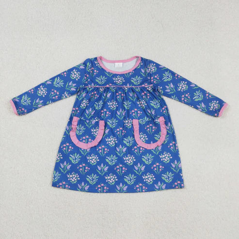9.6 GLD1257 Baby Girls Blue Flowers Plaid Pockets Knee Length Dress