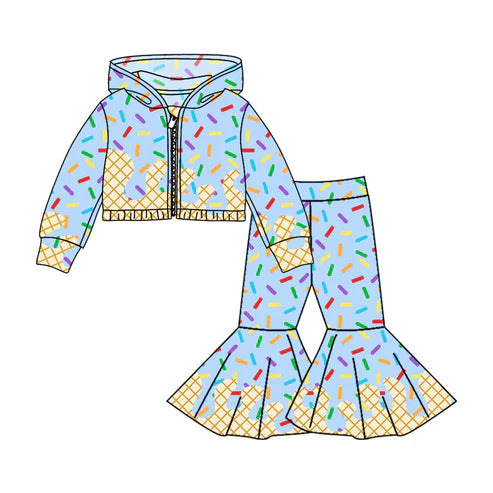 8.11 Custom Moq 5 Baby Girls Blue Long Sleeves Drip Zipper Jacket Top Bell Bottom Pant Team Clothes Sets