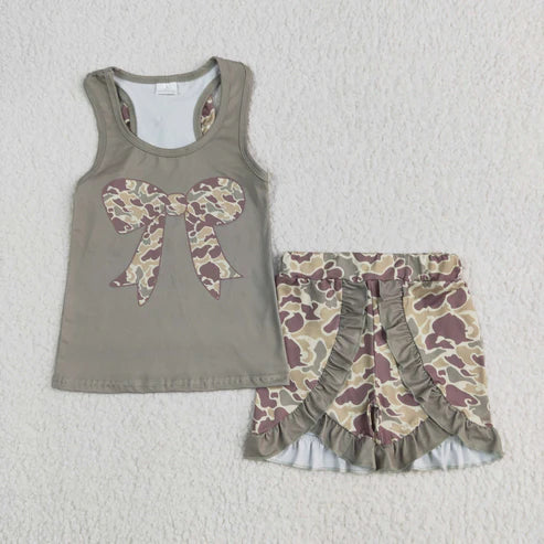 6.9 GSSO1629 Baby Girls Dark Green Bows Vest Ruffle Shorts Clothes Set