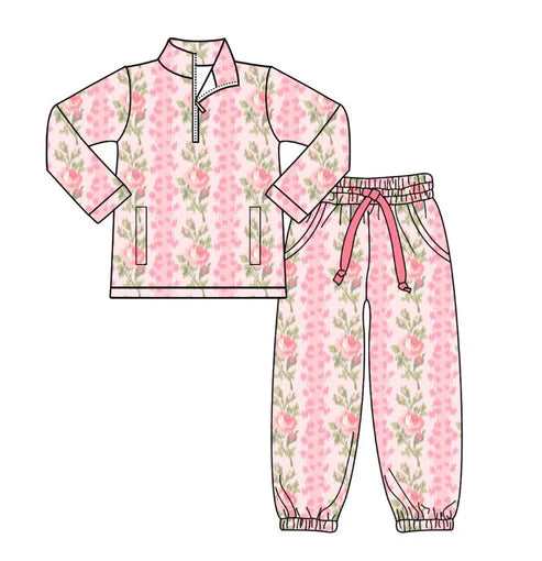 10.20 GLP2940 Baby Girls Pink Flowers Stripe Pockets Zipper Pullovers Jogger Pants Yoga Clothes Set Preorder