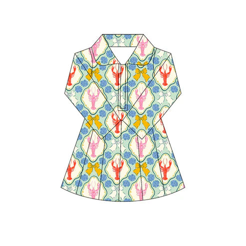 6.5 GLD1102 Baby Girls Long Sleeves Bows Crayfishes Plaid Zipper Knee Length Dresses Preorder