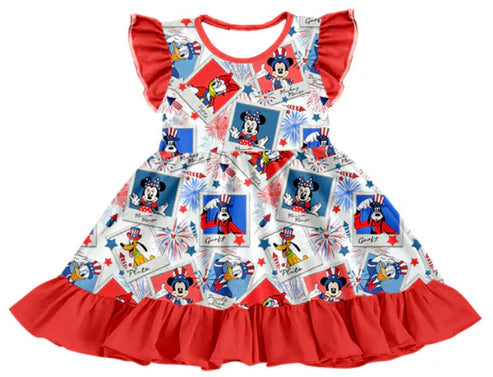 5.13 July 4th Girls cartoon fireworks short-sleeved dress