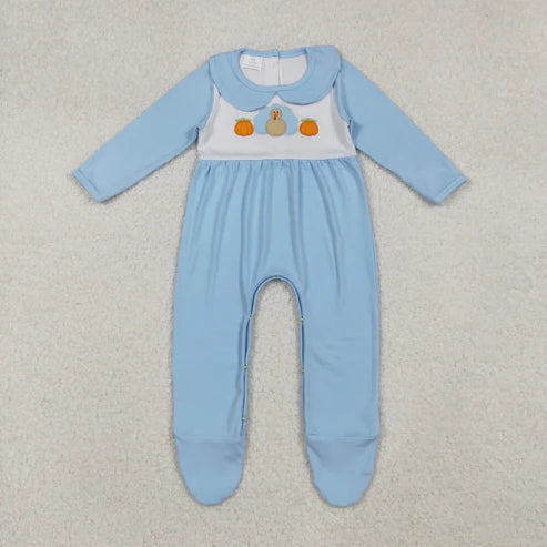 10.10 LR2562 Embroidery Baby Boys Blue Pumpkins Turkey Fall Footed Romper