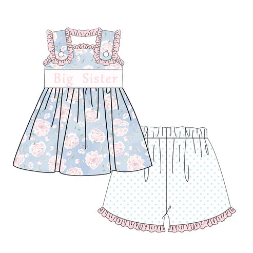 3.19  GSSO2350 Baby Girls Sleeveless Pink Floral Big Sister Tunic Polka Dots Short Set preorder