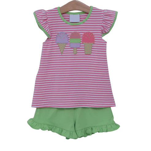 3.19  GSSO2349 Baby Girls Pink Stripe Flutter Sleeves Popsicle Tunic Green Ruffle Short Set preorder