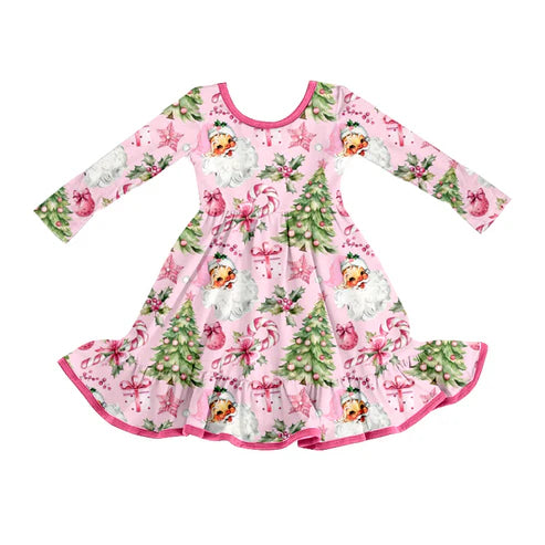 8.7 GLD1252 Baby Girls Santa Candy Cane Christmas Trees Ruffle Knee Length Dresses Preorder