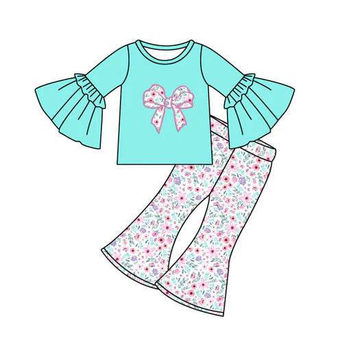 7.30 GLP2593 Baby Girls Bell Long Sleeves Floral Bows Top Flare Pant Set Preorder