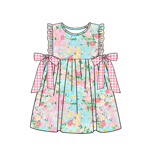 L-3.4 GSD1962 Baby Girls Blue Pink Flowers Bows Knee Length Dresses Preorder