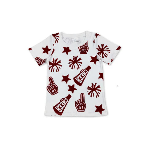 6.27 GT1093 Baby Girls Short Sleeves Dark Red Cheer Stars Team Tee Shirts Top Preorder