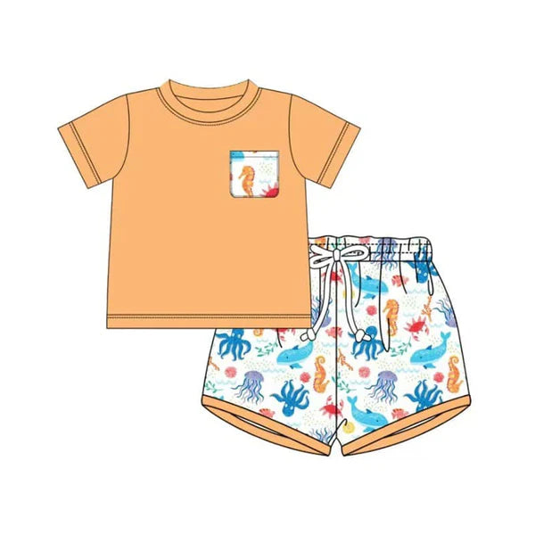 L-3.4 BSSO1299 Baby Boys Orange Pocket Top Sea Animals Shorts Clothes Sets Preorder