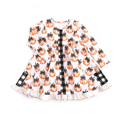 8.7  GLD1266 Baby Girls Bows Pumpkins Pockets Button Fall Knee Length Dresses Preorder