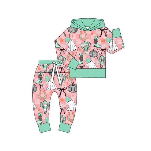 6.10 Custom Moq 3 Baby Girls Halloween Ghost Bows Cactus Hoodies Top Pant Set