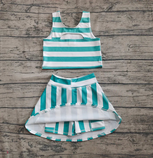 4.17  GSD2432 Baby Girls Sleeveless Green Stripe Top Skort Yoga Set Preorder