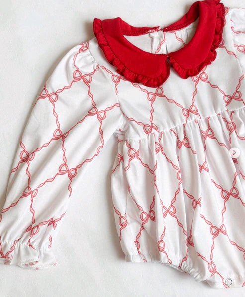 9.29 LR2725 Baby Girls Red Bows Checked Ruffle Rompers Preorder