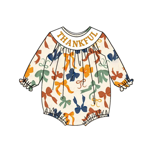 6.12  LR2257 Baby Girls Long Sleeves Smocked Thankful Colorful Bows Ruffle Rompers Preorder
